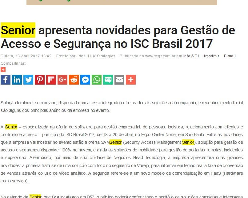 PORTAL SEGS | Senior apresenta novidades para Gestão de Acesso e Segurança no ISC Brasil 2017