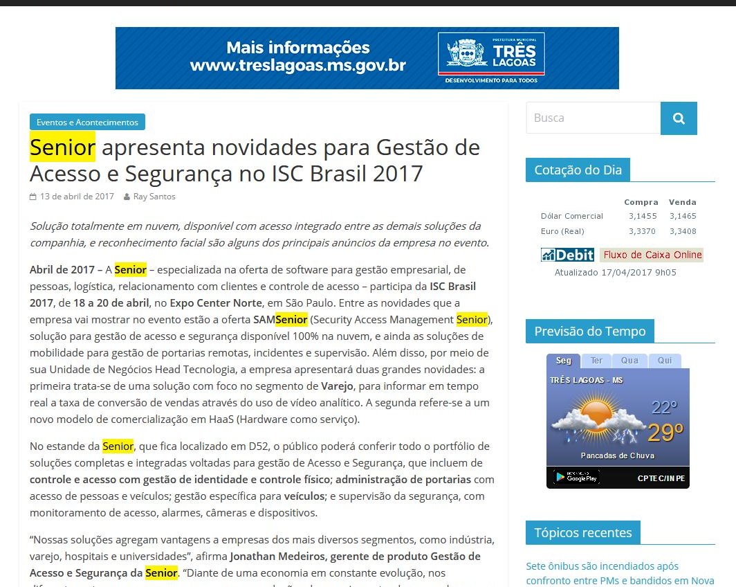 JORNAL DIA DIA | Senior apresenta novidades para Gestão de Acesso e Segurança no ISC Brasil 2017