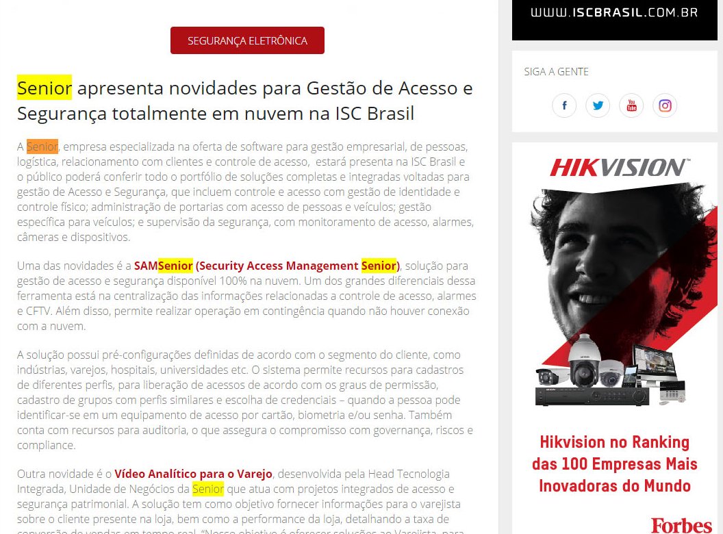 REVISTA SEGURANÇA ELETRONICA | Senior apresenta novidades para Gestão de Acesso e Segurança totalmente em nuvem na ISC Brasil