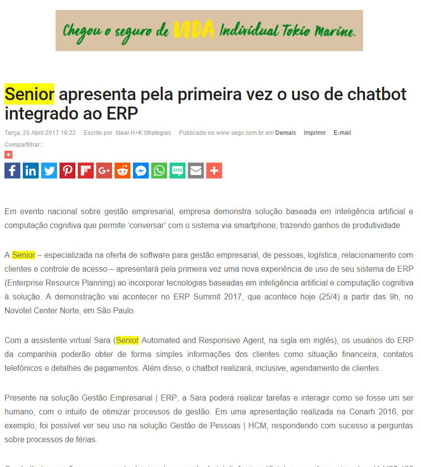 PORTAL SEGS | Senior apresenta pela primeira vez o uso de chatbot integrado ao ERP