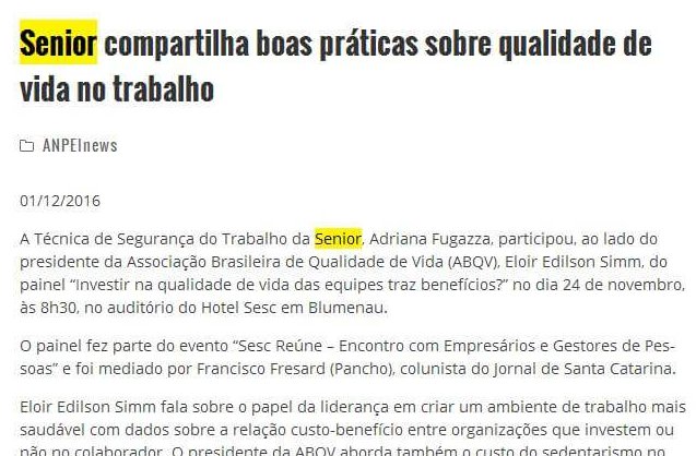 ANPEI | Senior compartilha boas práticas sobre qualidade de vida no trabalho