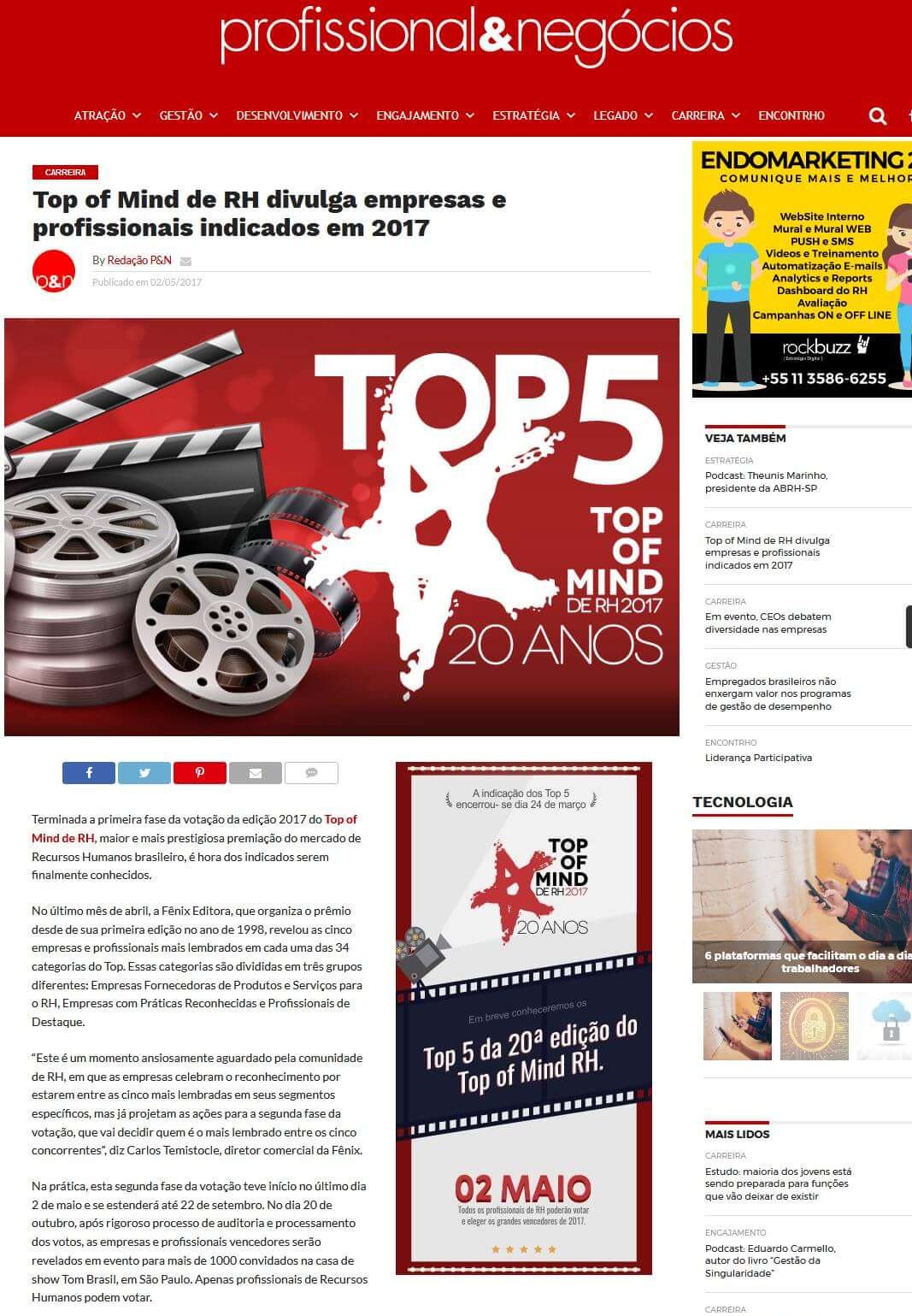 PROFISSIONAL & NEGÓCIOS | Top of Mind de rh divulga empresas e profissionais indicados em 2017