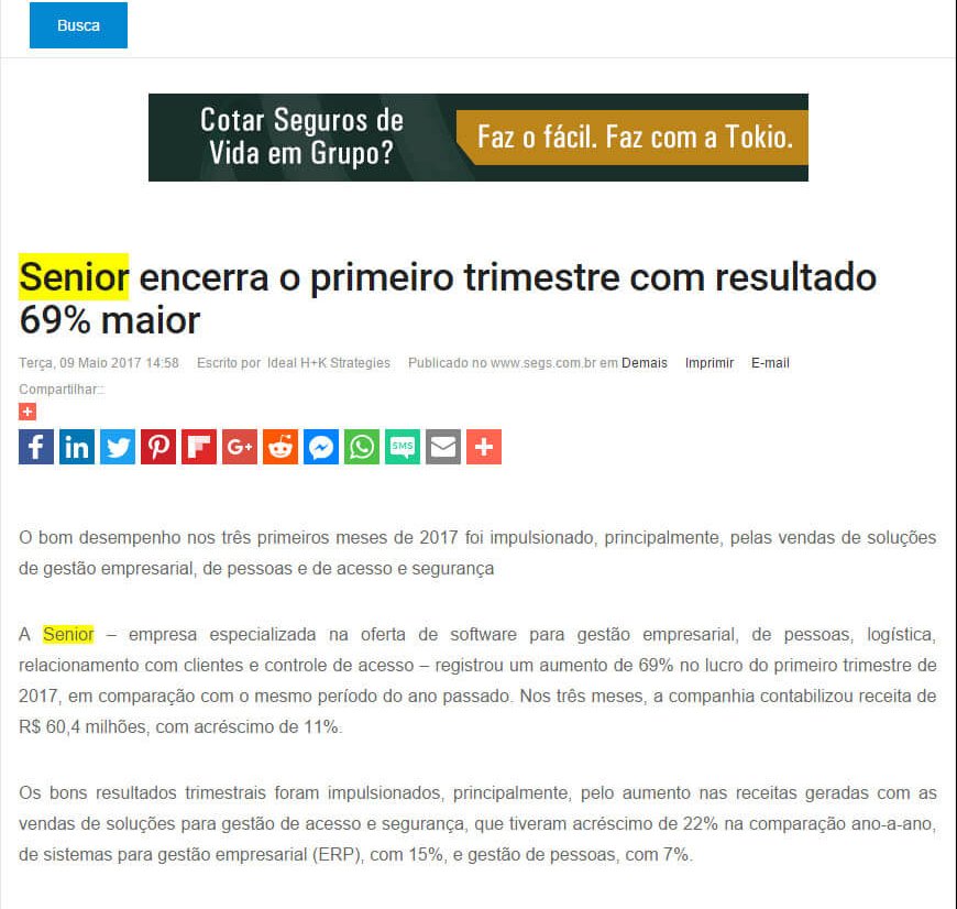 PORTAL SEGS | Senior encerra o primeiro trimestre com resultado 69% maior