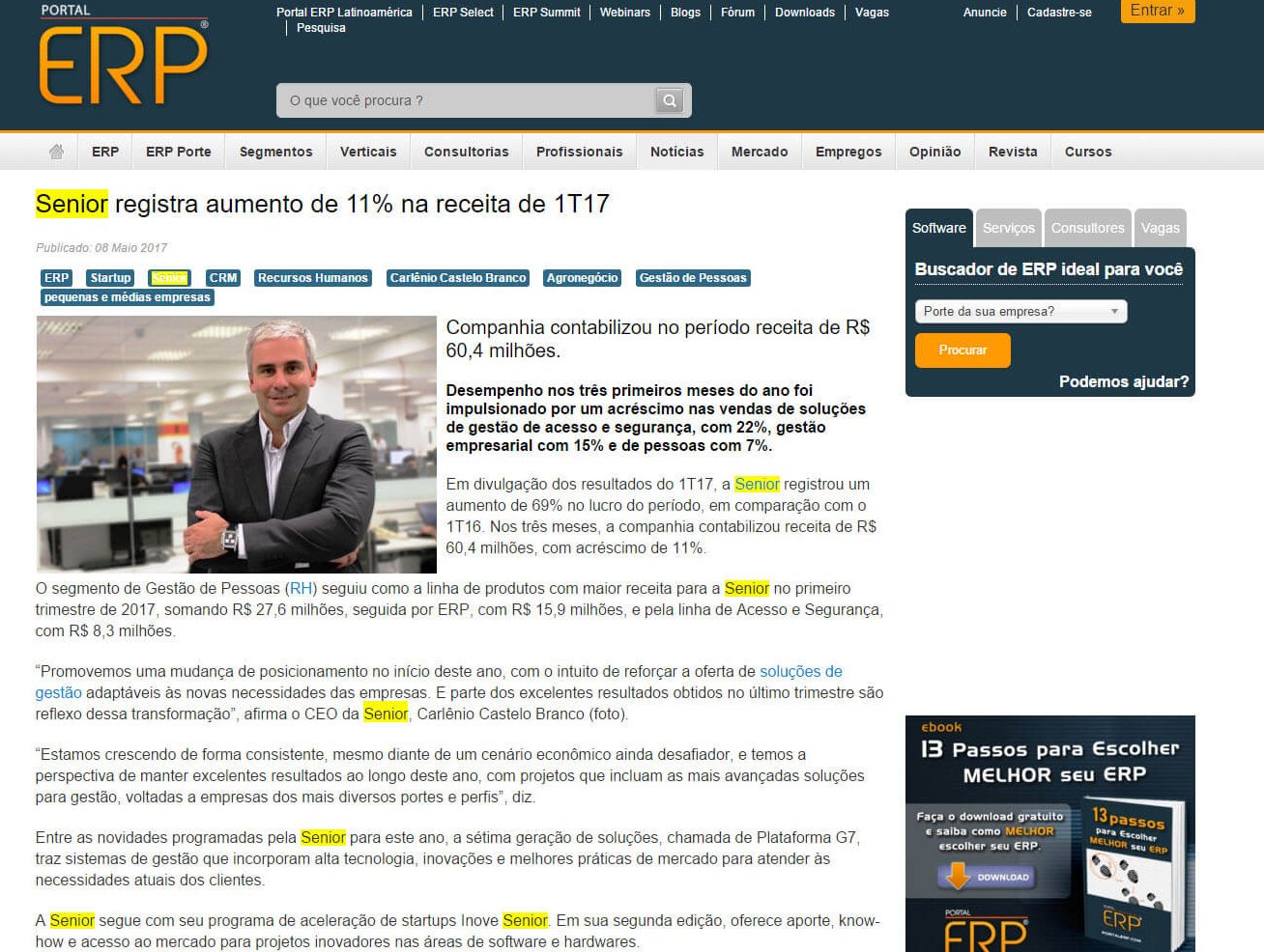 PORTAL ERP | Senior registra aumento de 11 na receita de 1t17