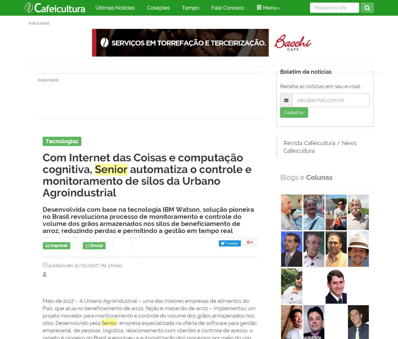 CAFEICULTURA | Com internet das coisas e computação cognitiva, Senior automatiza o controle e monitoramento de silos da Urbano Agroindustrial