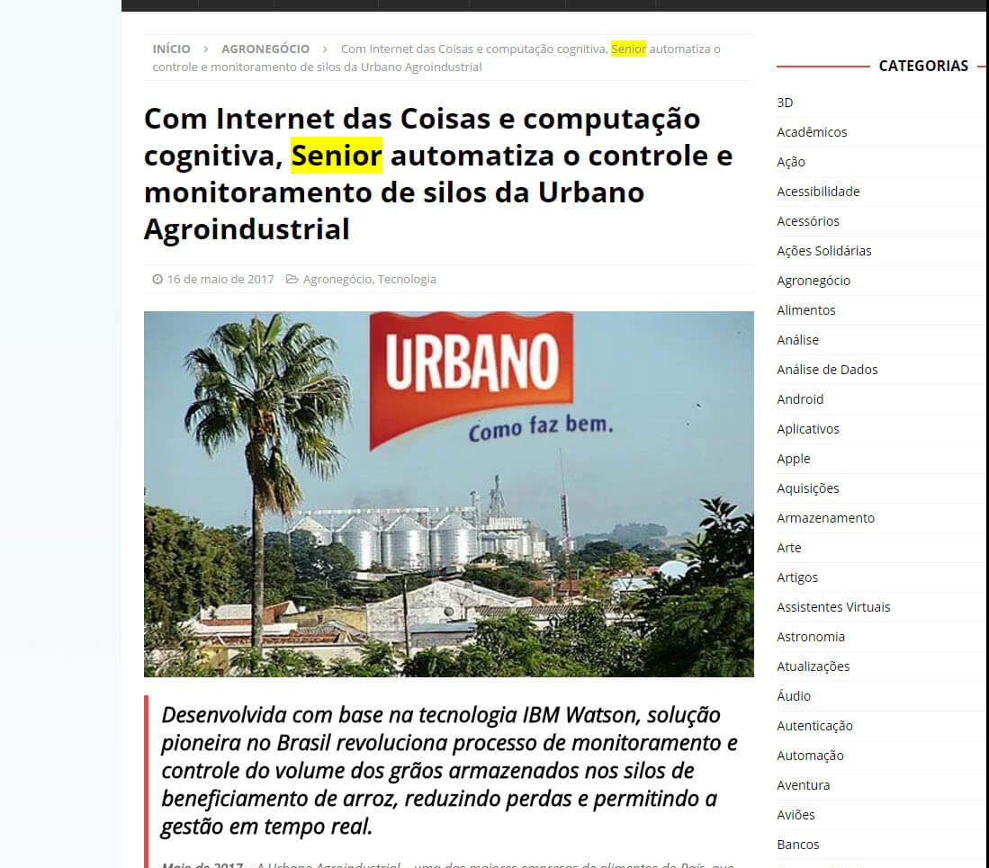 MTI TECNOLOGIA | Com internet das coisas e computação cognitiva, Senior automatiza o controle e monitoramento de silos da Urbano Agroindustrial