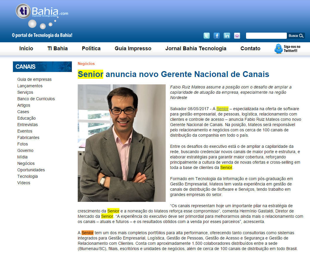 TI BAHIA | Senior anuncia novo gerente nacional de canais